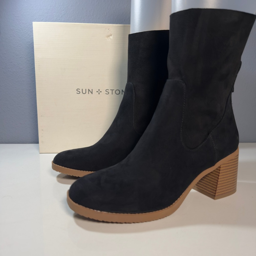 Sun + Stone Lyraaf Boots Women 9.5 Black New Block Heel Back Zip Ankle Bootie - Picture 5 of 13